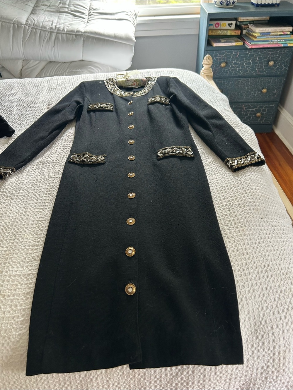Adrienne Vittadini Black Long-Sleeve Button-Front Dress with Metallic Trim